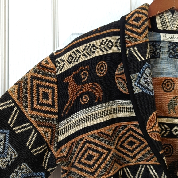 Flashback 90's Vintage Aztec Antelope Woven Tapestry Cropped Jacket Black M - Picture 3 of 12